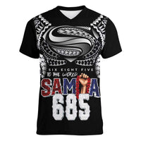 Super Samoa-Six Eight Five to The World Women V-Neck T-Shirt Traditional Samoan Tattoo Black Color