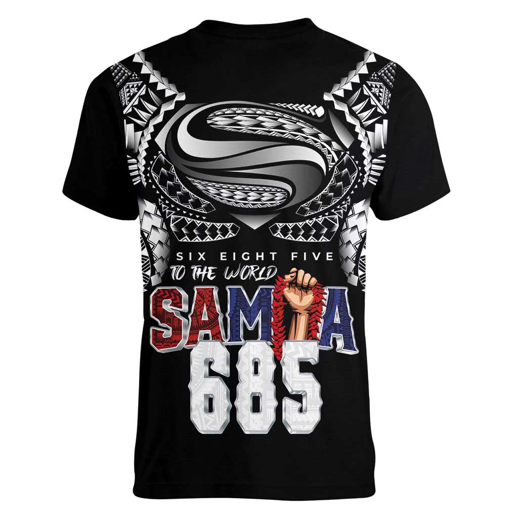 Super Samoa-Six Eight Five to The World Women V-Neck T-Shirt Traditional Samoan Tattoo Black Color