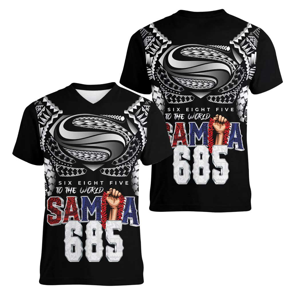 Super Samoa-Six Eight Five to The World Women V-Neck T-Shirt Traditional Samoan Tattoo Black Color