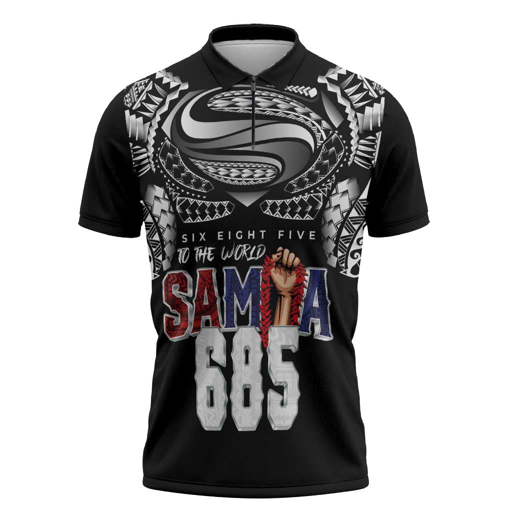 Super Samoa-Six Eight Five to The World Zipper Polo Shirt Traditional Samoan Tattoo Black Color