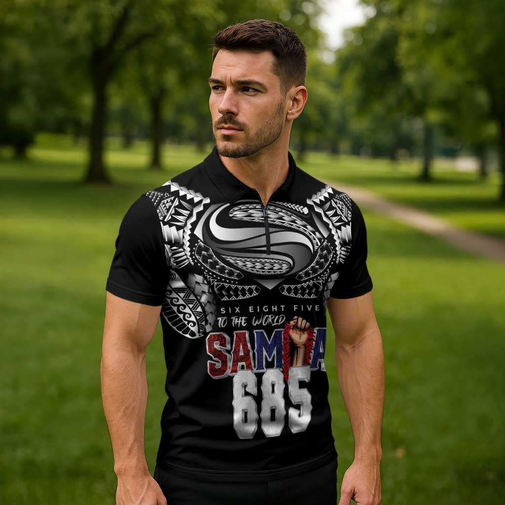 Super Samoa-Six Eight Five to The World Zipper Polo Shirt Traditional Samoan Tattoo Black Color
