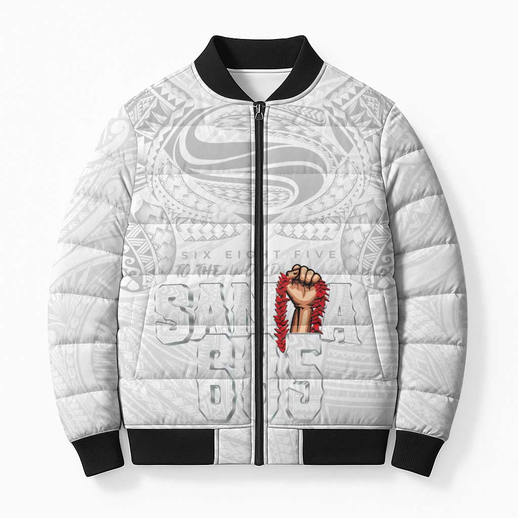 Super Samoa-Six Eight Five to The World Bomber Puffer Jacket Traditional Samoan Tattoo All White