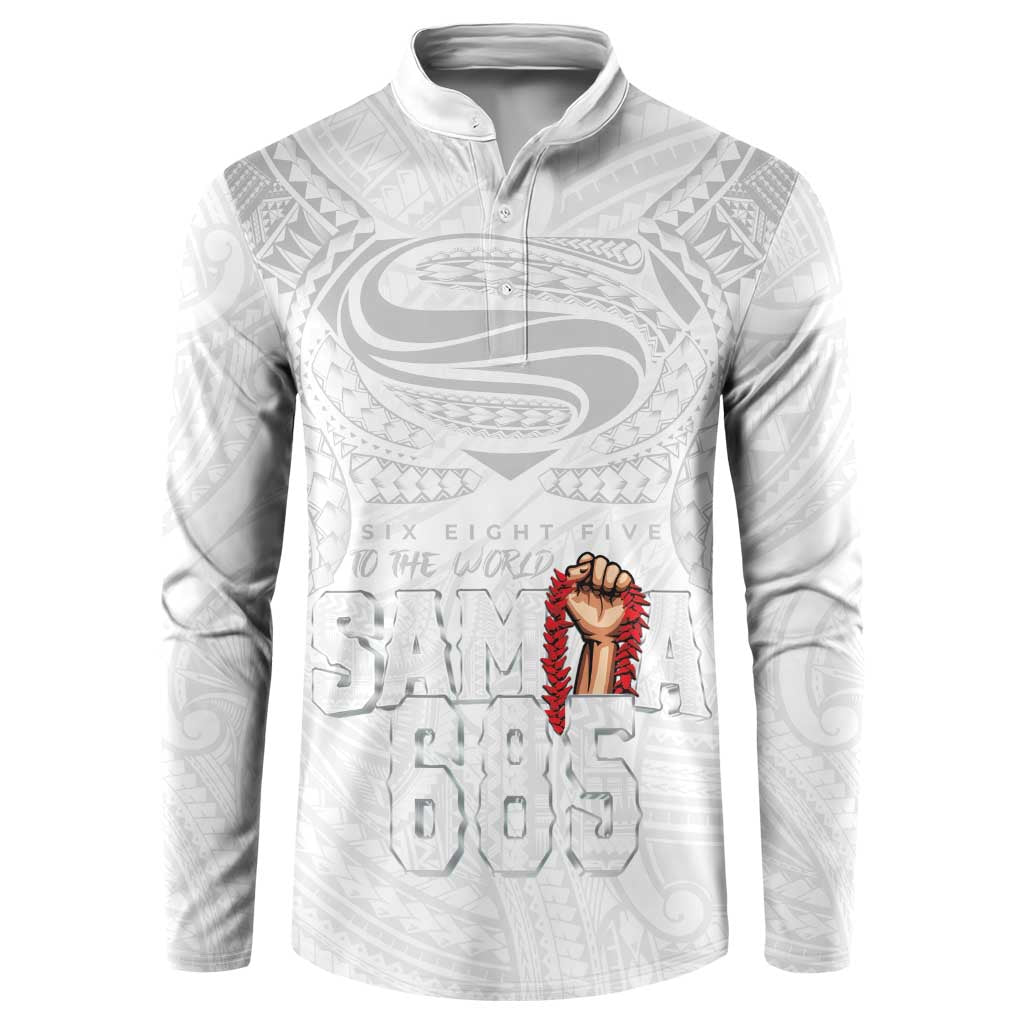 Super Samoa-Six Eight Five to The World Button Sweatshirt Traditional Samoan Tattoo All White