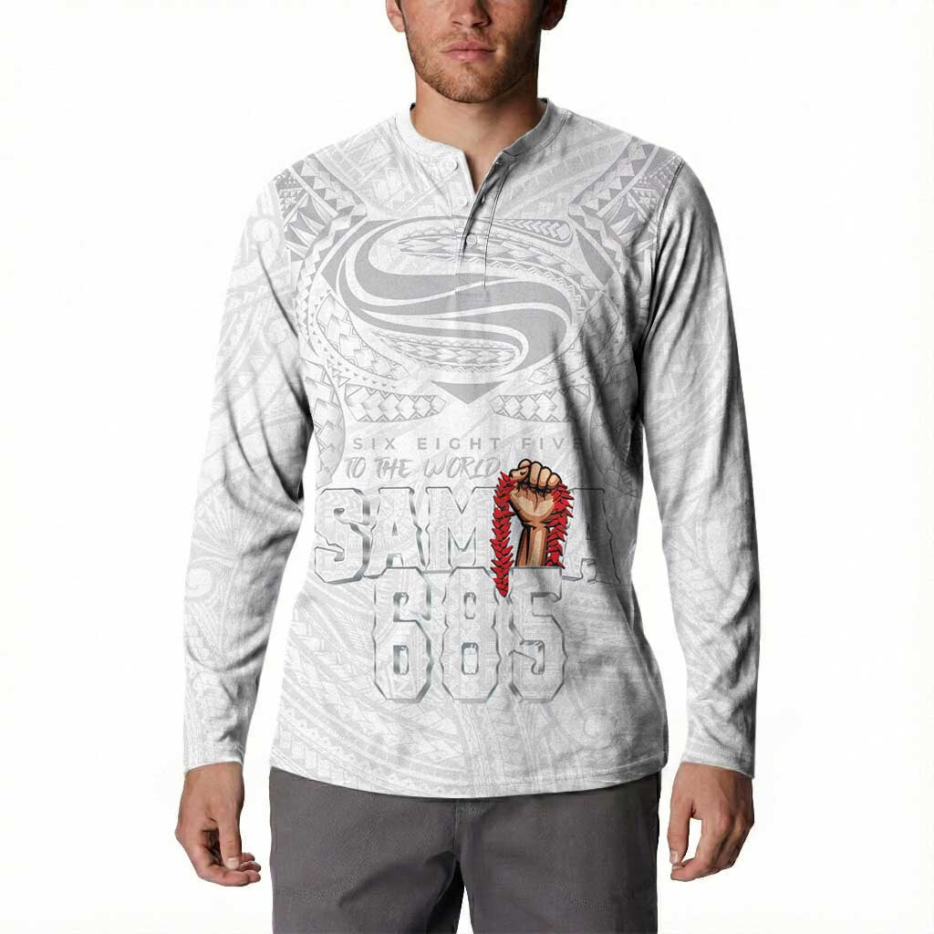 Super Samoa-Six Eight Five to The World Button Sweatshirt Traditional Samoan Tattoo All White