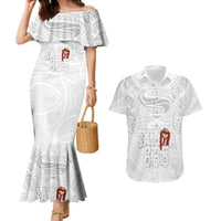 Super Samoa-Six Eight Five to The World Couples Matching Mermaid Dress and Hawaiian Shirt Traditional Samoan Tattoo All White LT03 White - Polynesian Pride
