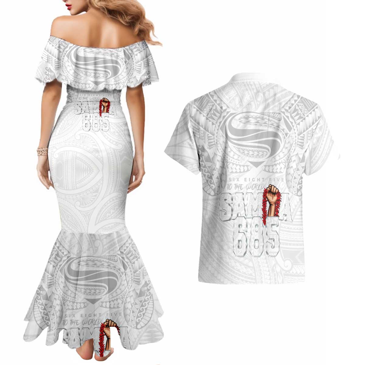 Super Samoa-Six Eight Five to The World Couples Matching Mermaid Dress and Hawaiian Shirt Traditional Samoan Tattoo All White LT03 - Polynesian Pride