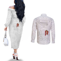 Super Samoa-Six Eight Five to The World Couples Matching Off The Shoulder Long Sleeve Dress and Long Sleeve Button Shirt Traditional Samoan Tattoo All White LT03 - Polynesian Pride
