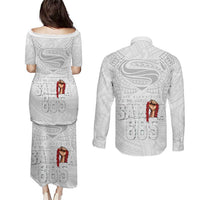 Super Samoa-Six Eight Five to The World Couples Matching Puletasi and Long Sleeve Button Shirt Traditional Samoan Tattoo All White