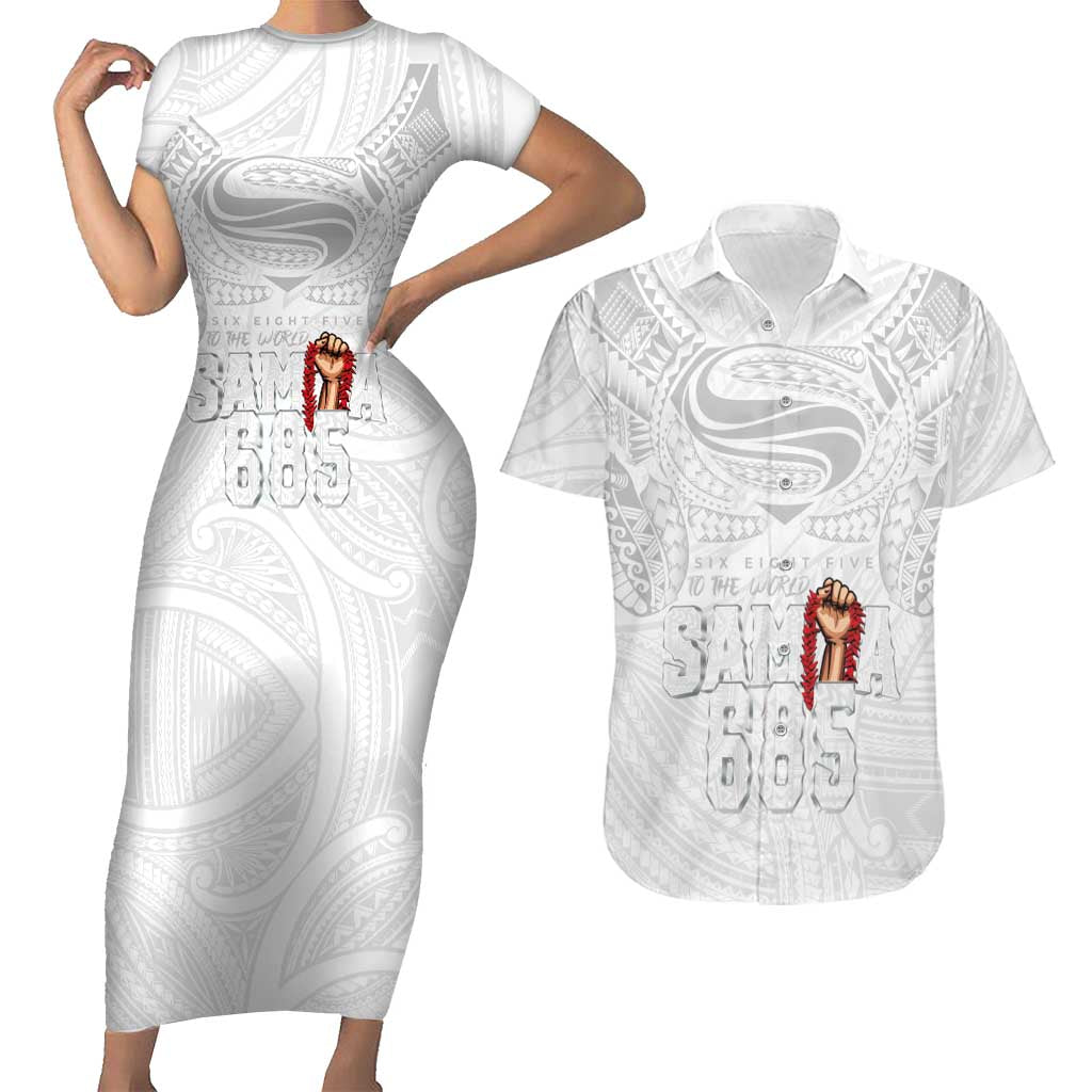 Super Samoa-Six Eight Five to The World Couples Matching Short Sleeve Bodycon Dress and Hawaiian Shirt Traditional Samoan Tattoo All White LT03 White - Polynesian Pride