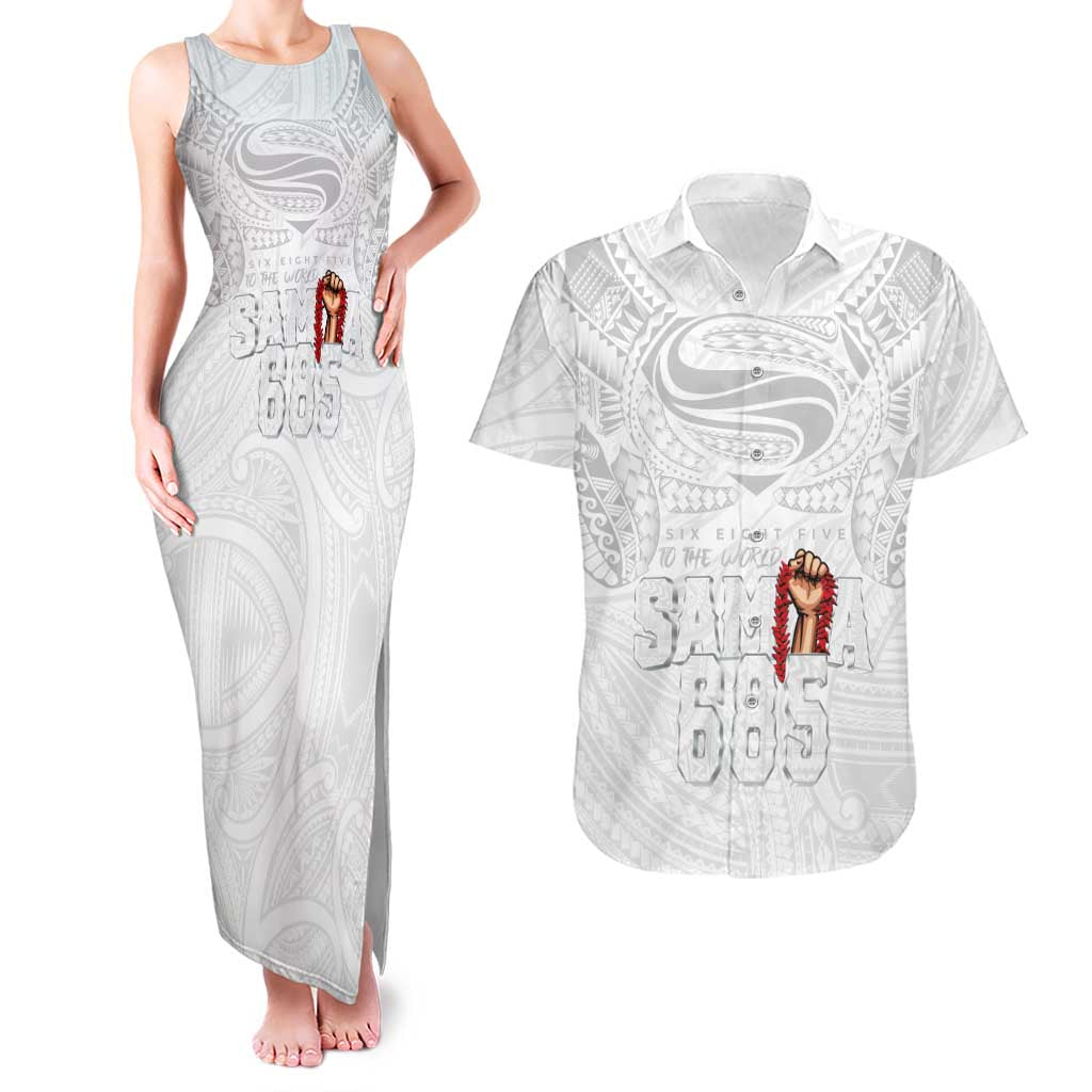 Super Samoa-Six Eight Five to The World Couples Matching Tank Maxi Dress and Hawaiian Shirt Traditional Samoan Tattoo All White LT03 White - Polynesian Pride