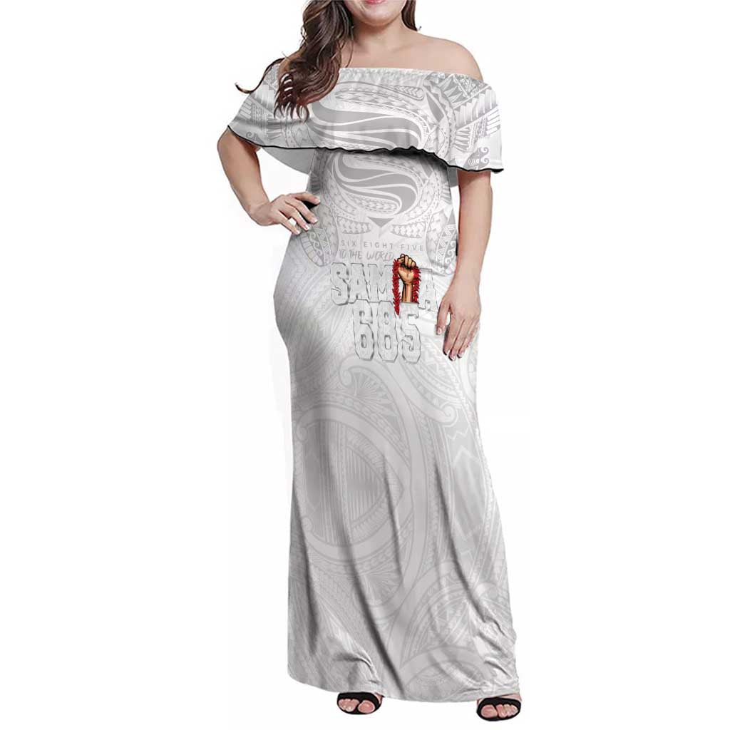 Super Samoa-Six Eight Five to The World Family Matching Off Shoulder Maxi Dress and Hawaiian Shirt Traditional Samoan Tattoo All White LT03 Mom's Dress White - Polynesian Pride