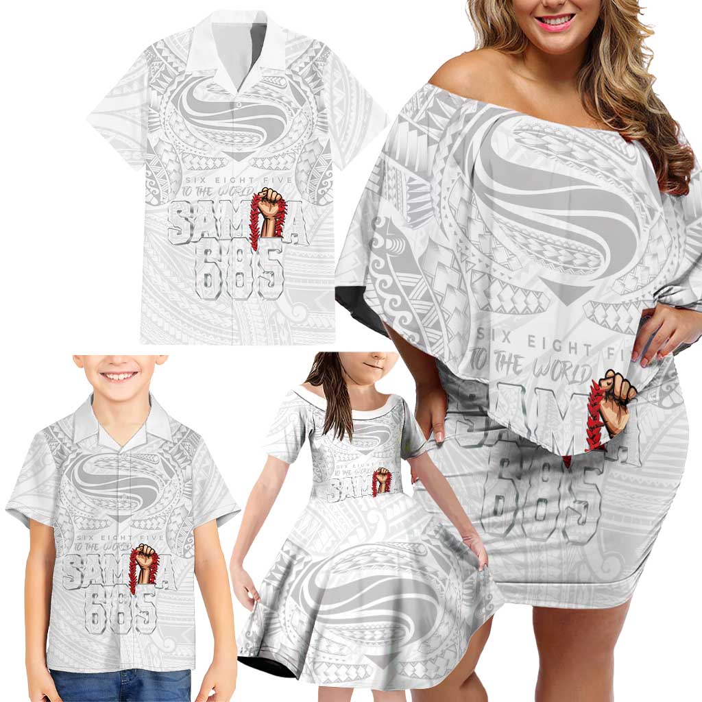 Super Samoa-Six Eight Five to The World Family Matching Off Shoulder Short Dress and Hawaiian Shirt Traditional Samoan Tattoo All White LT03 - Polynesian Pride