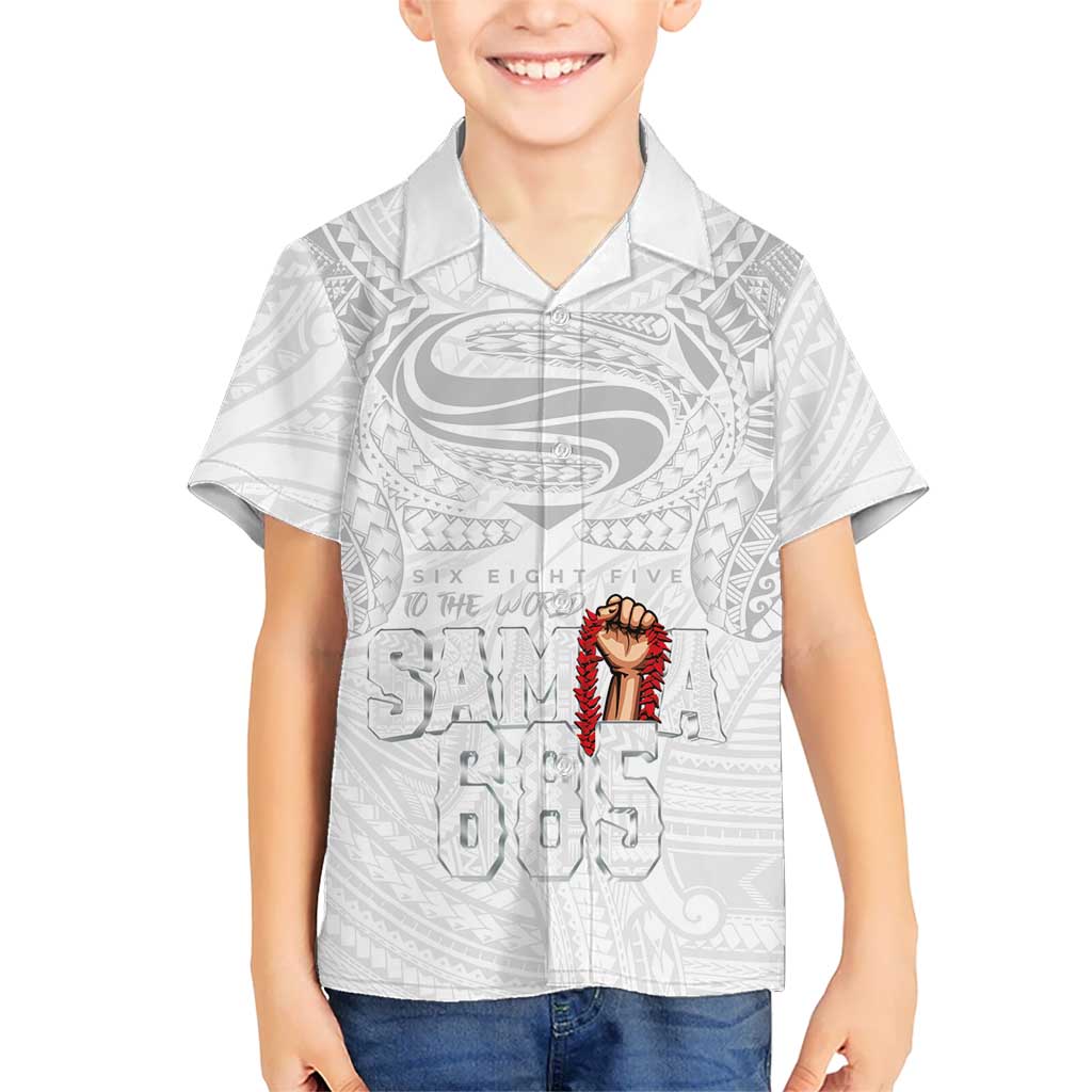 Super Samoa-Six Eight Five to The World Family Matching Puletasi and Hawaiian Shirt Traditional Samoan Tattoo All White LT03 Son's Shirt White - Polynesian Pride