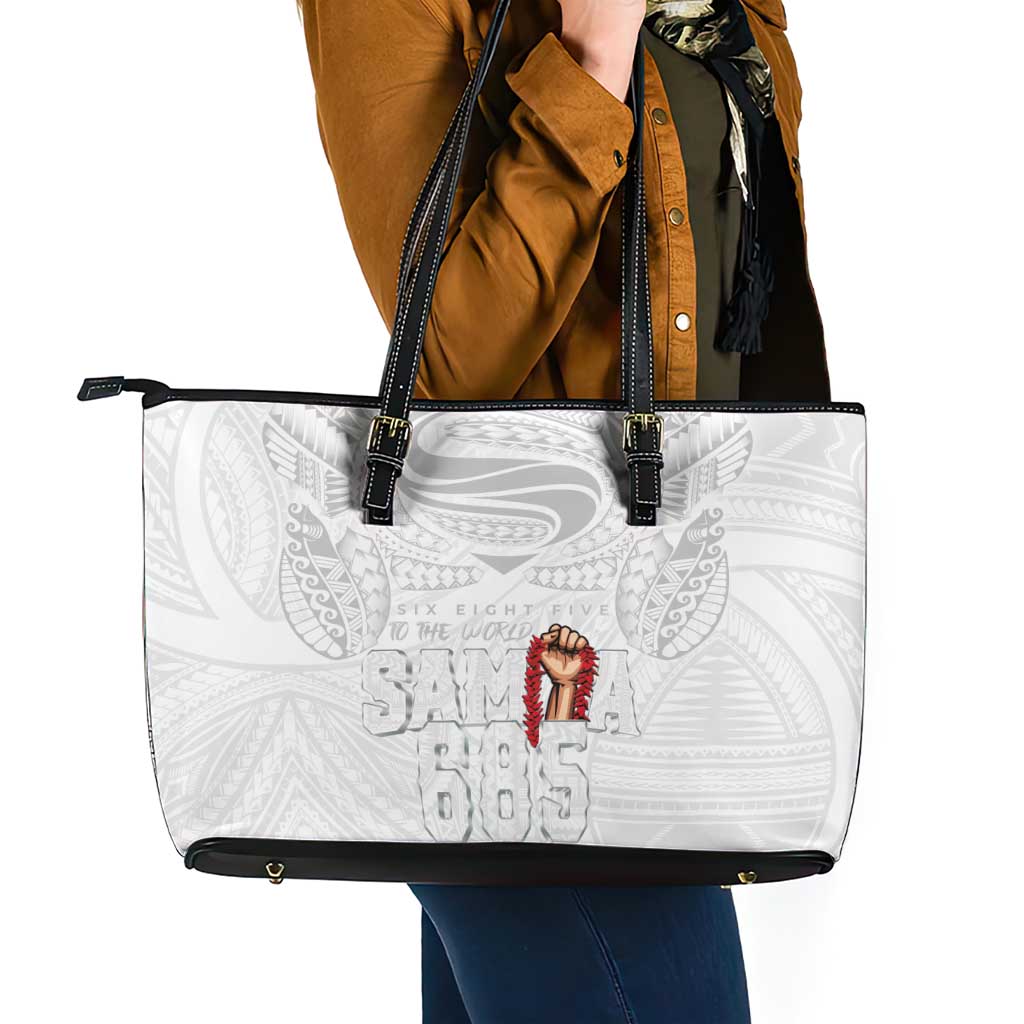 Super Samoa-Six Eight Five to The World Leather Tote Bag Traditional Samoan Tattoo All White