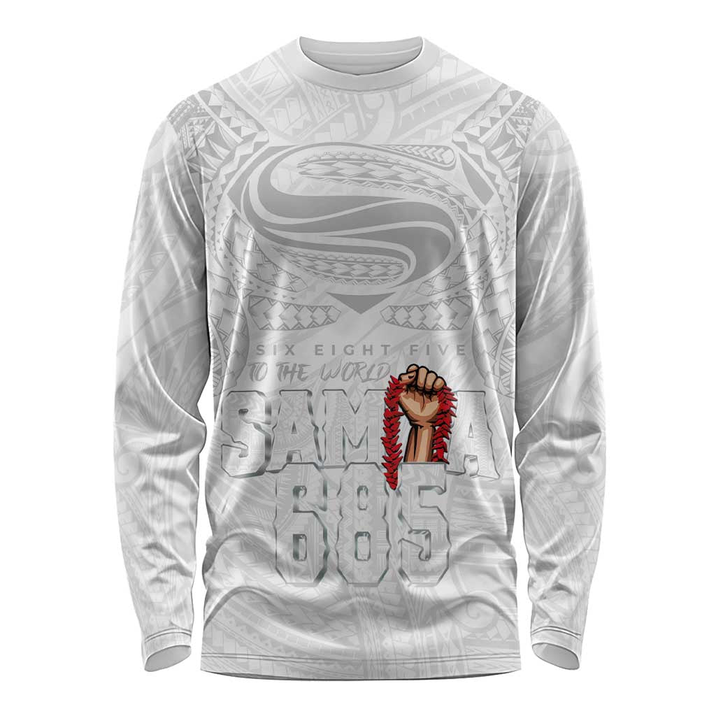 Super Samoa-Six Eight Five to The World Long Sleeve Shirt Traditional Samoan Tattoo All White
