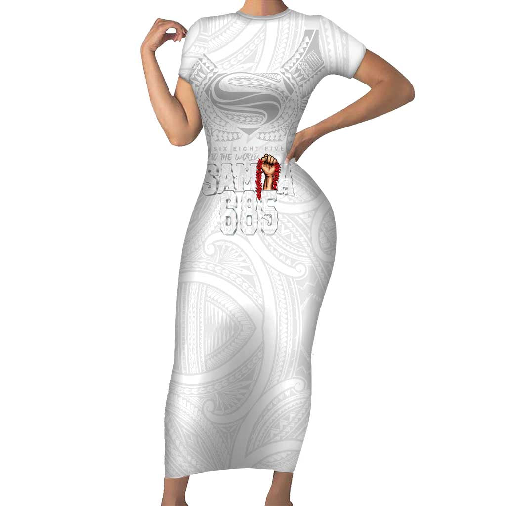 Super Samoa-Six Eight Five to The World Short Sleeve Bodycon Dress Traditional Samoan Tattoo All White