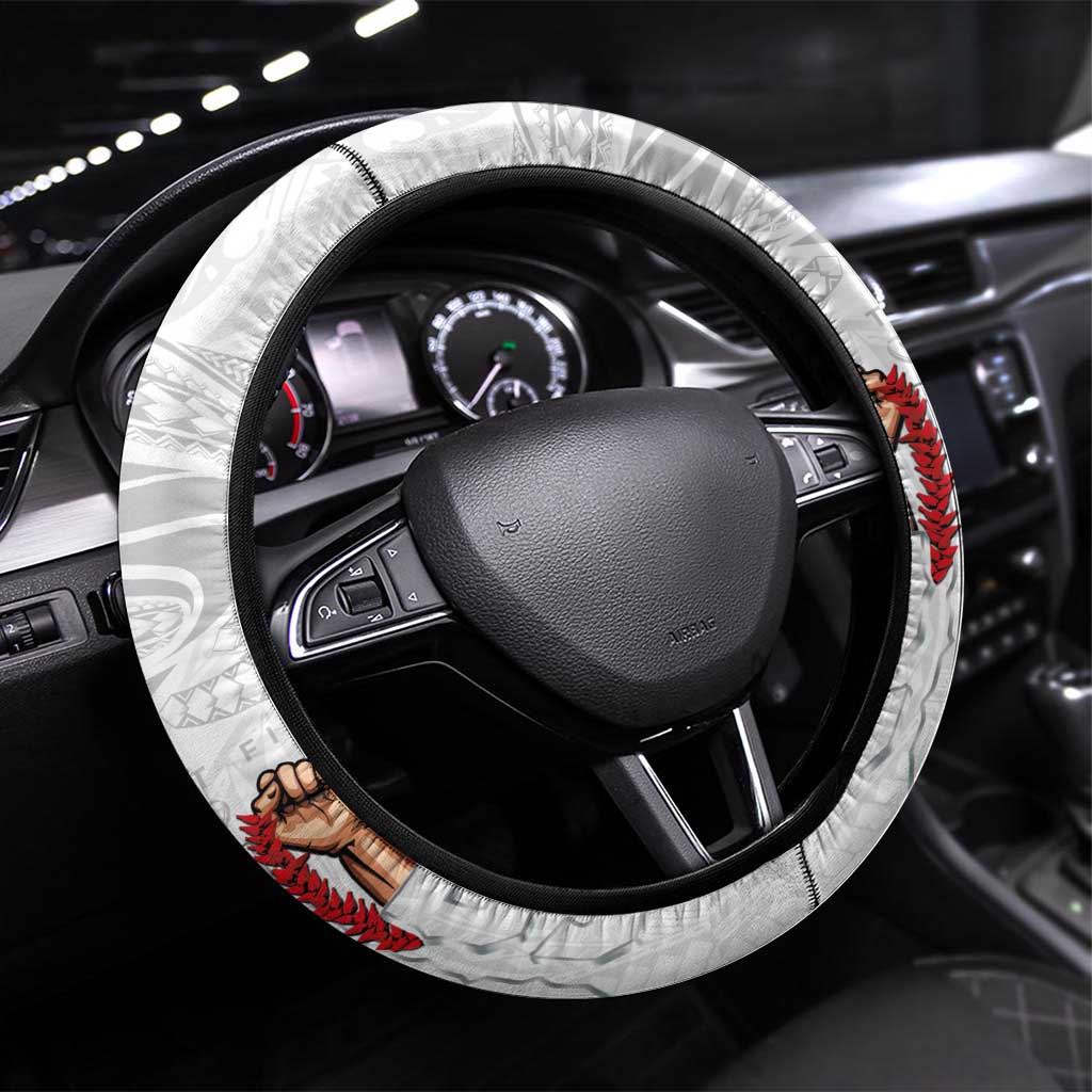 Super Samoa-Six Eight Five to The World Steering Wheel Cover Traditional Samoan Tattoo All White
