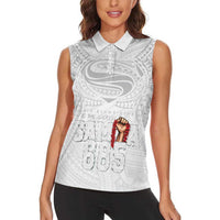 Super Samoa-Six Eight Five to The World Women Sleeveless Polo Shirt Traditional Samoan Tattoo All White