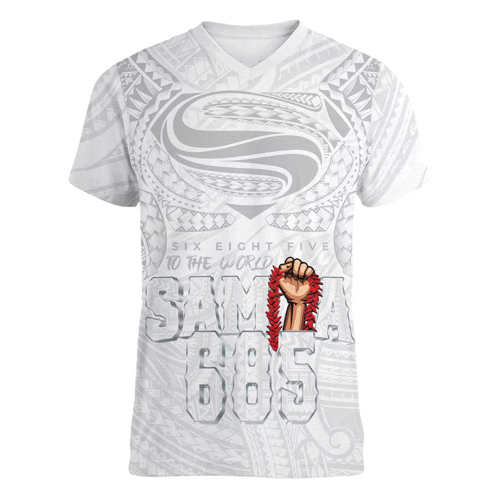 Super Samoa-Six Eight Five to The World Women V-Neck T-Shirt Traditional Samoan Tattoo All White