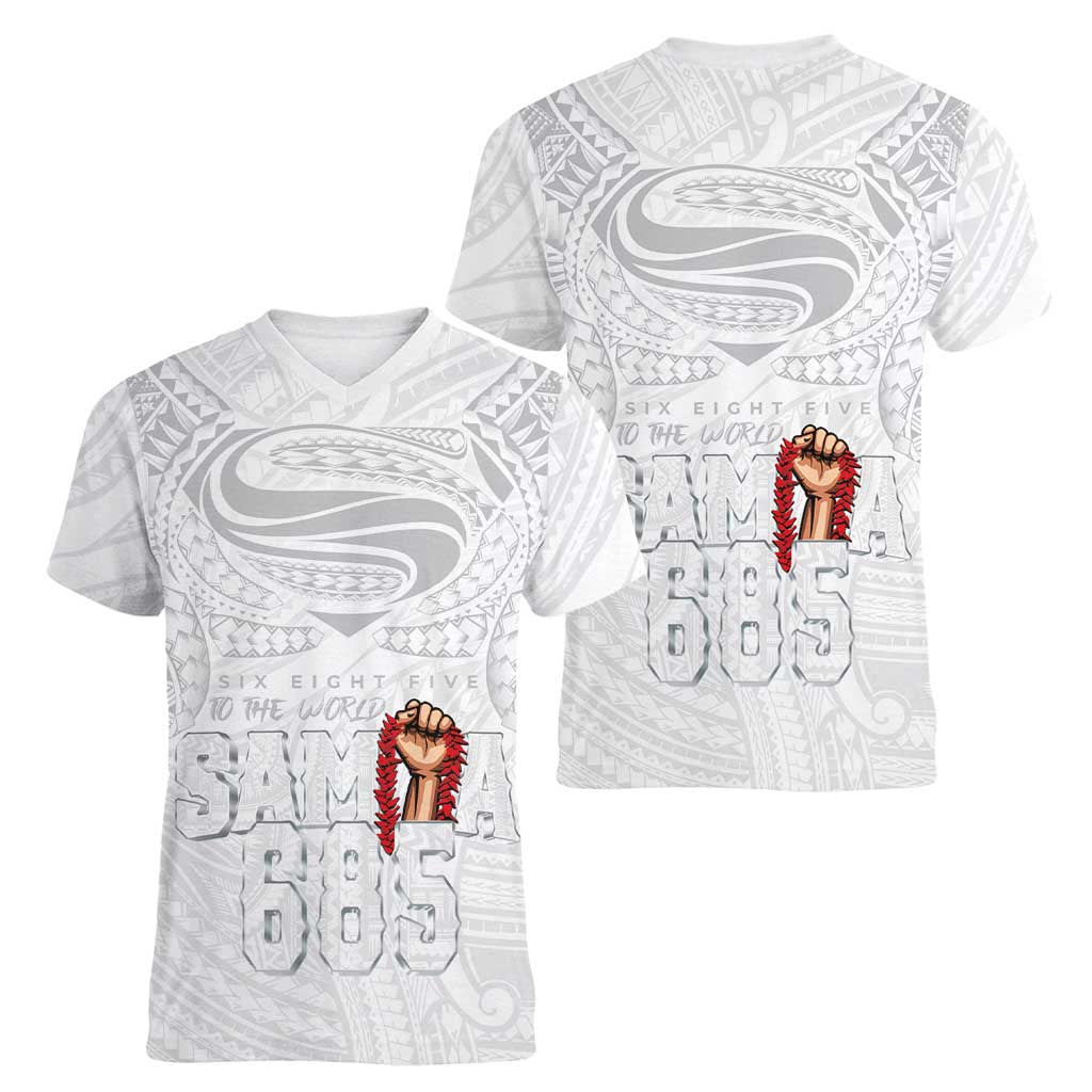 Super Samoa-Six Eight Five to The World Women V-Neck T-Shirt Traditional Samoan Tattoo All White