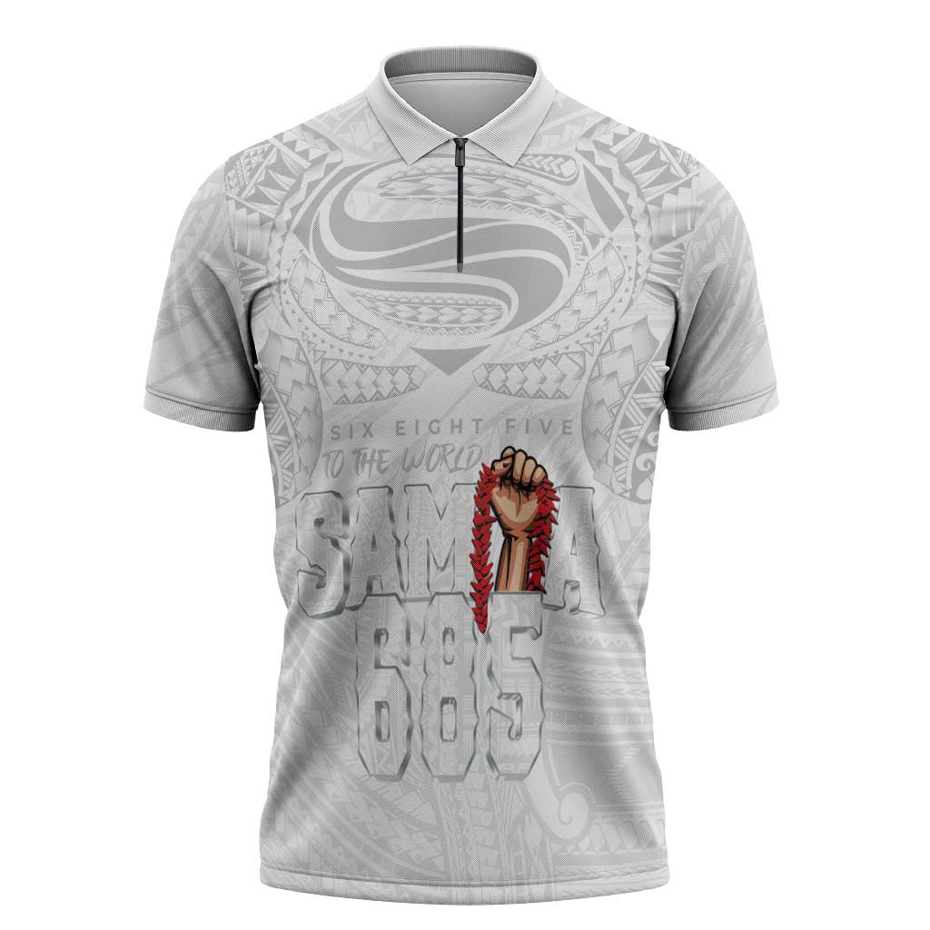 Super Samoa-Six Eight Five to The World Zipper Polo Shirt Traditional Samoan Tattoo All White