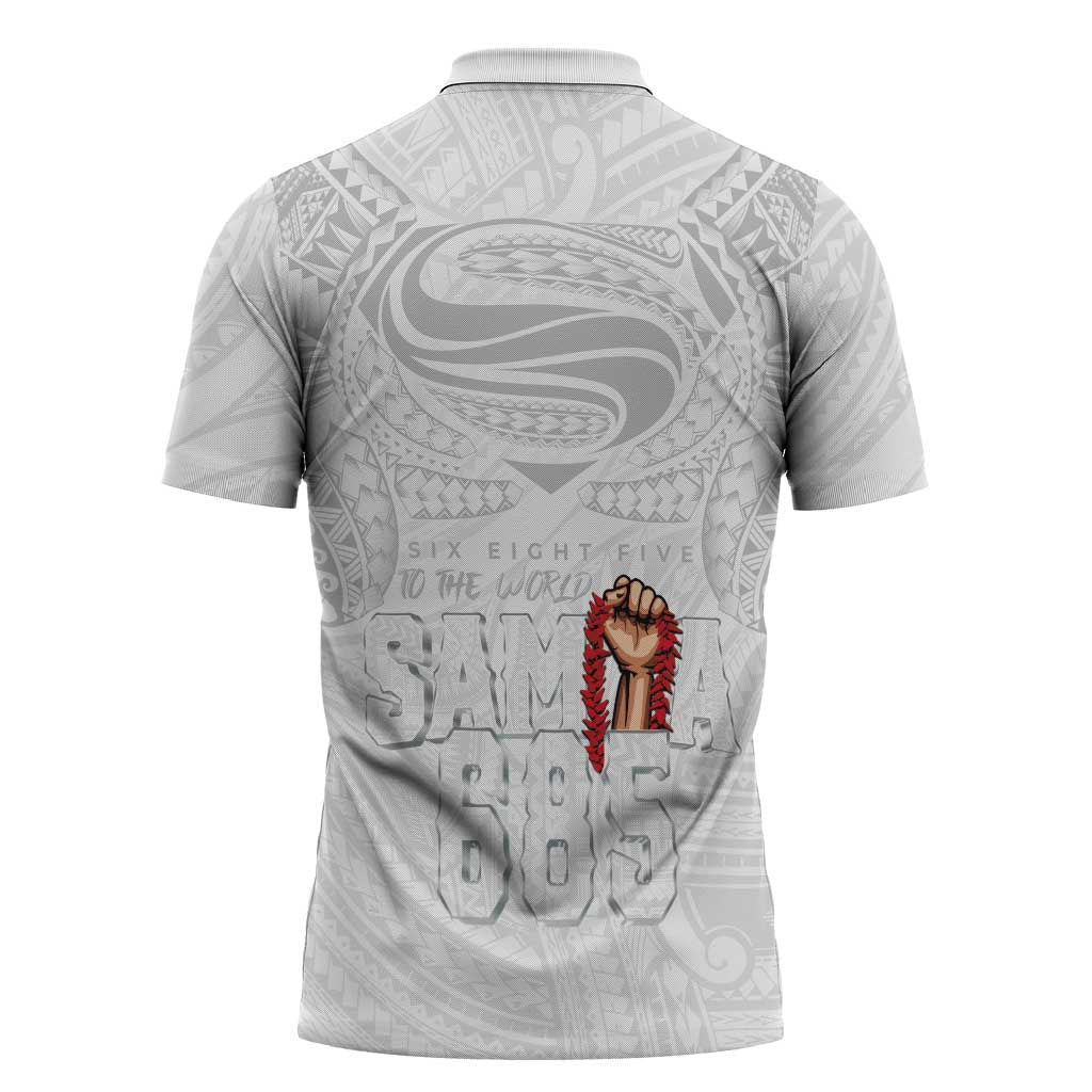 Super Samoa-Six Eight Five to The World Zipper Polo Shirt Traditional Samoan Tattoo All White