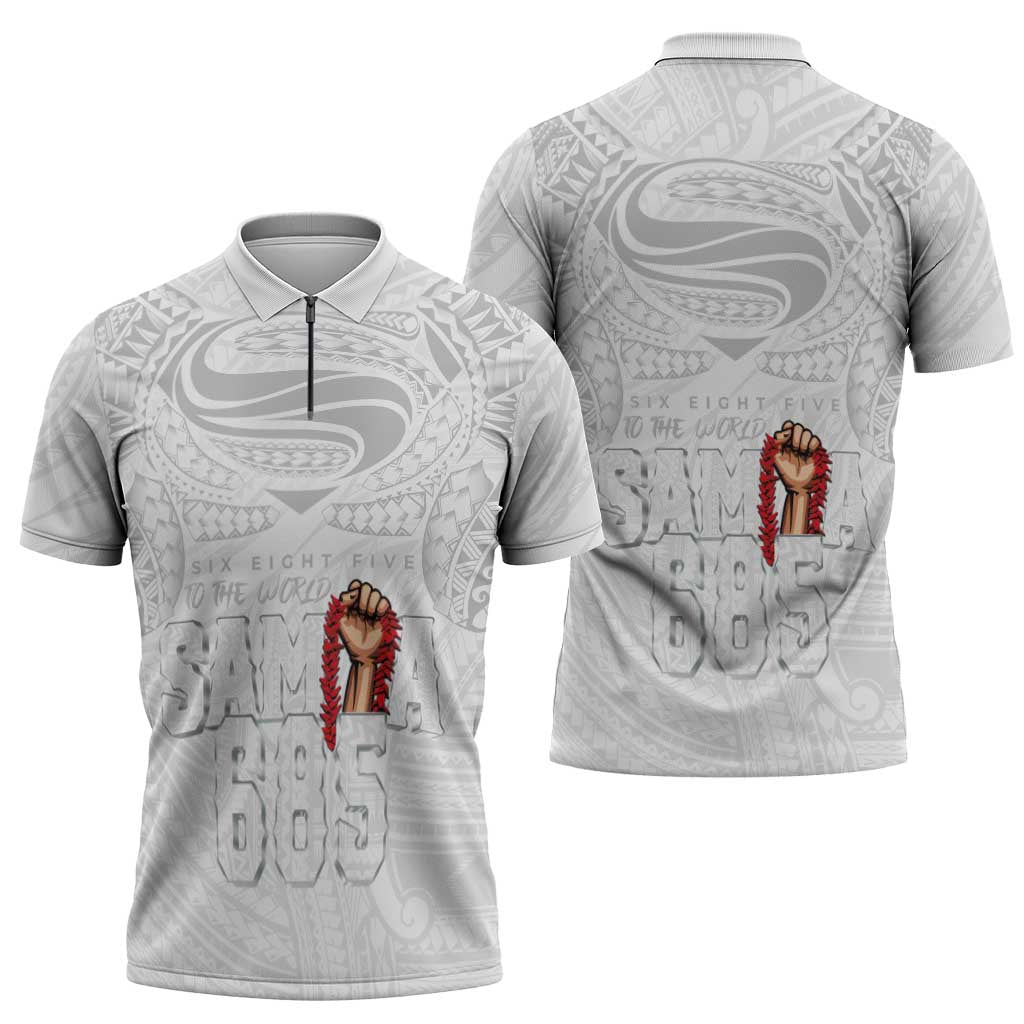 Super Samoa-Six Eight Five to The World Zipper Polo Shirt Traditional Samoan Tattoo All White