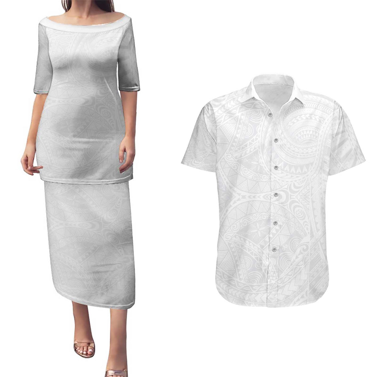 Lotu Tamaiti Samoan Art Tattoo Polynesian Pattern Couples Matching Puletasi and Hawaiian Shirt