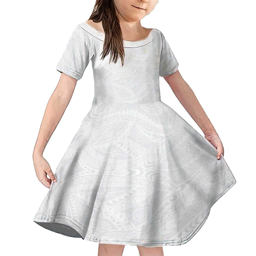 Lotu Tamaiti Samoan Art Tattoo Polynesian Pattern Family Matching Off Shoulder Maxi Dress and Hawaiian Shirt LT03 Daughter's Dress White - Polynesian Pride