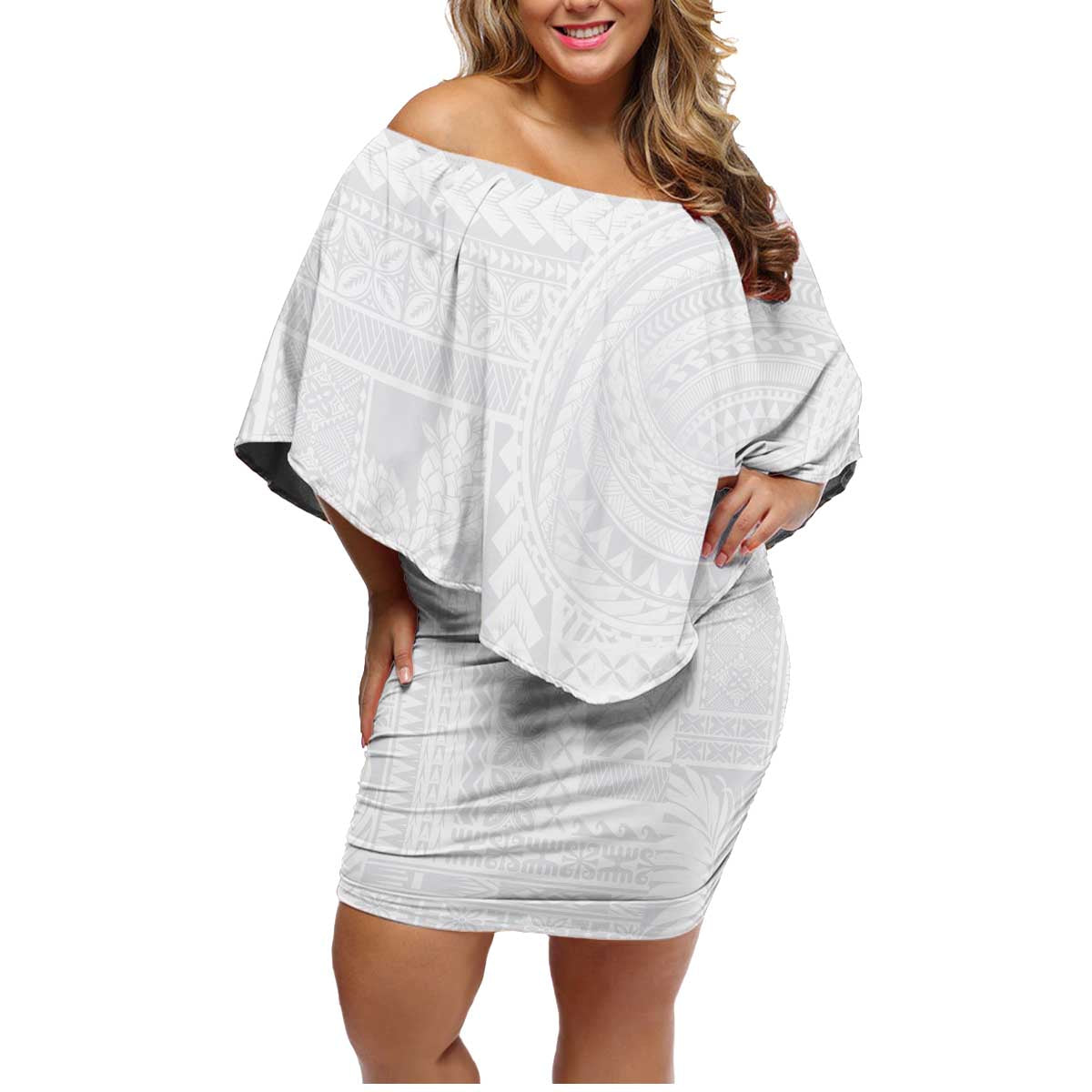 Lotu Tamaiti Samoan Art Tattoo Siapo Pattern Family Matching Off Shoulder Short Dress and Hawaiian Shirt LT03 Mom's Dress White - Polynesian Pride