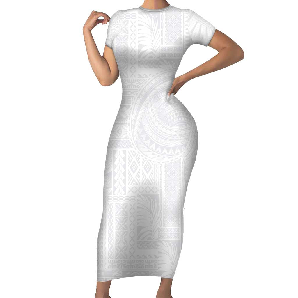 Lotu Tamaiti Samoan Art Tattoo Siapo Pattern Family Matching Short Sleeve Bodycon Dress and Hawaiian Shirt LT03 Mom's Dress White - Polynesian Pride