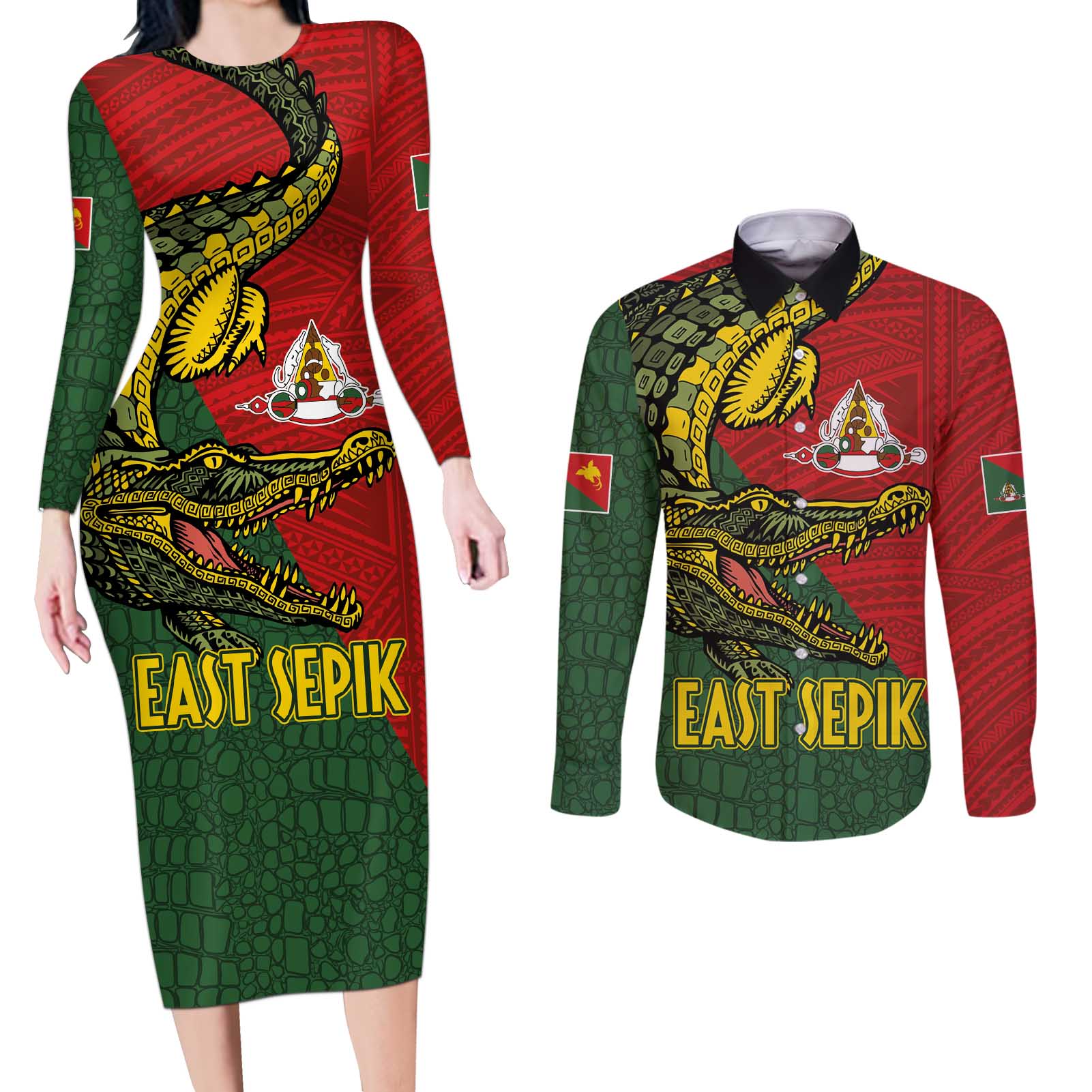 Sepik River Crocodile & Arts Festival Melanesian Pattern Couples Matching Long Sleeve Bodycon Dress and Long Sleeve Button Shirt