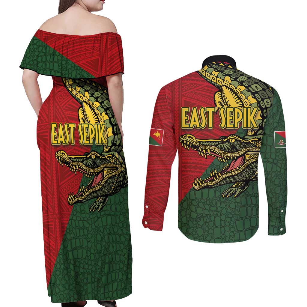 Sepik River Crocodile & Arts Festival Melanesian Pattern Couples Matching Off Shoulder Maxi Dress and Long Sleeve Button Shirt