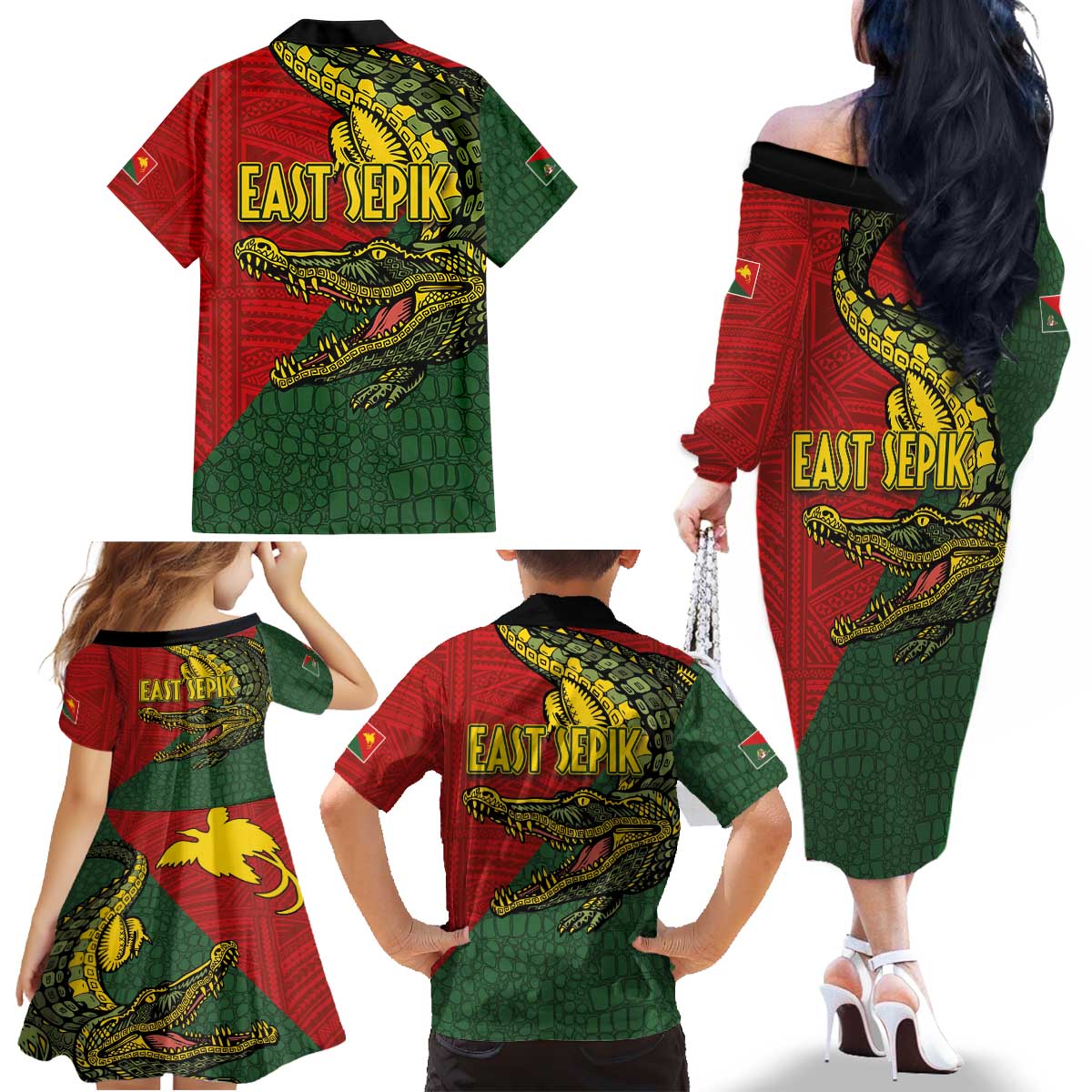 Sepik River Crocodile & Arts Festival Melanesian Pattern Family Matching Off The Shoulder Long Sleeve Dress and Hawaiian Shirt LT03 - Polynesian Pride