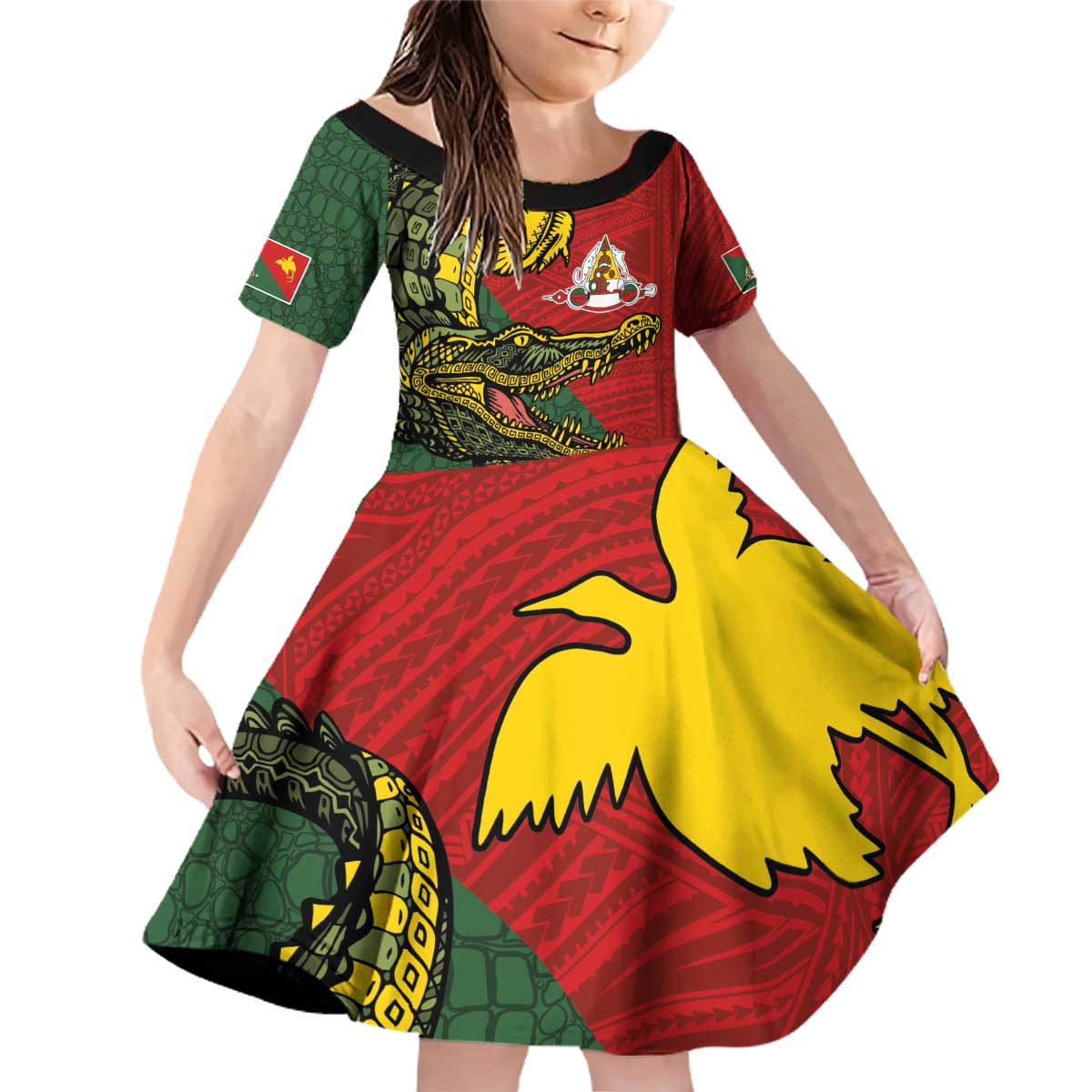 Sepik River Crocodile & Arts Festival Melanesian Pattern Family Matching Off Shoulder Short Dress and Hawaiian Shirt LT03 Daughter's Dress Red - Polynesian Pride