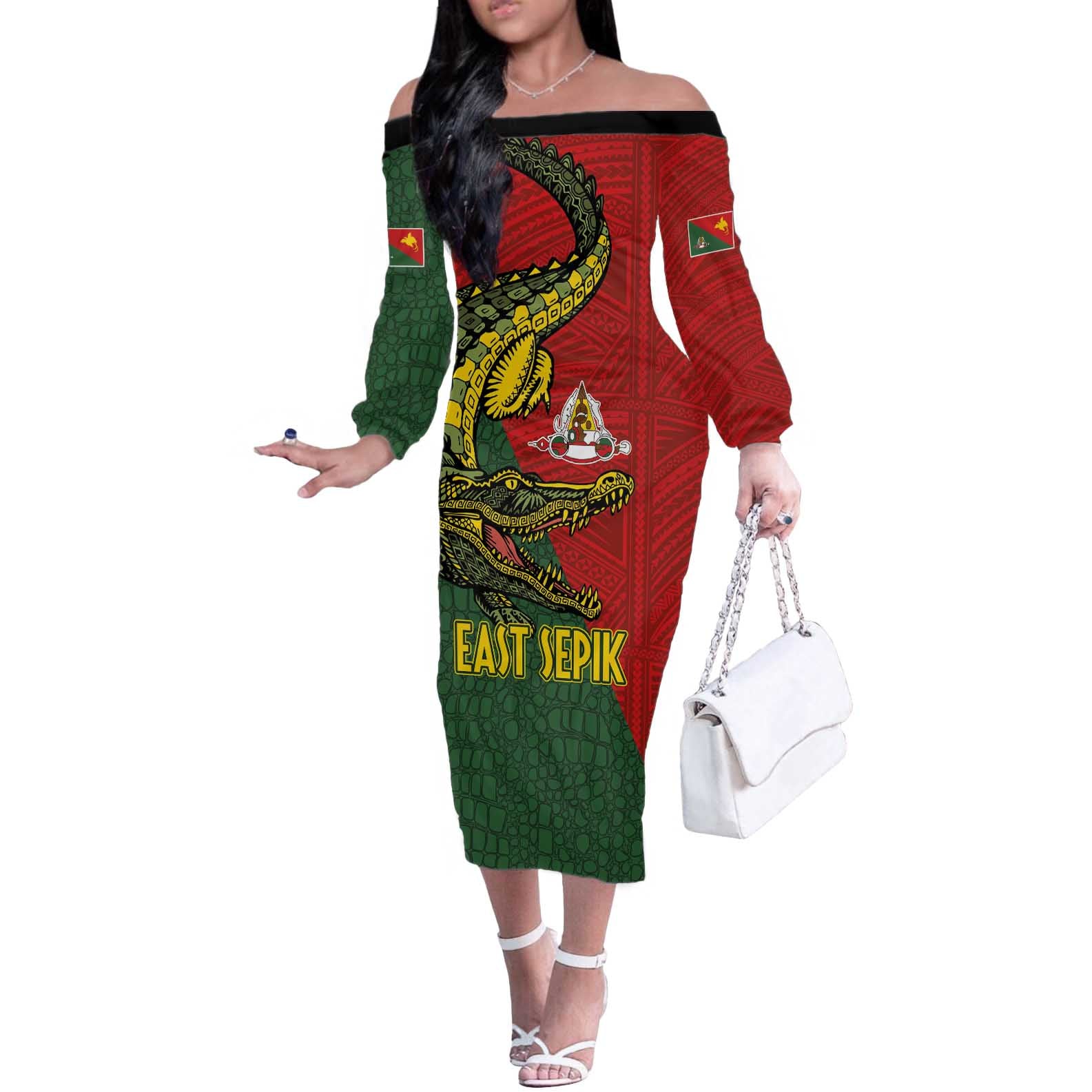 Sepik River Crocodile & Arts Festival Melanesian Pattern Off The Shoulder Long Sleeve Dress LT03 Women Red - Polynesian Pride