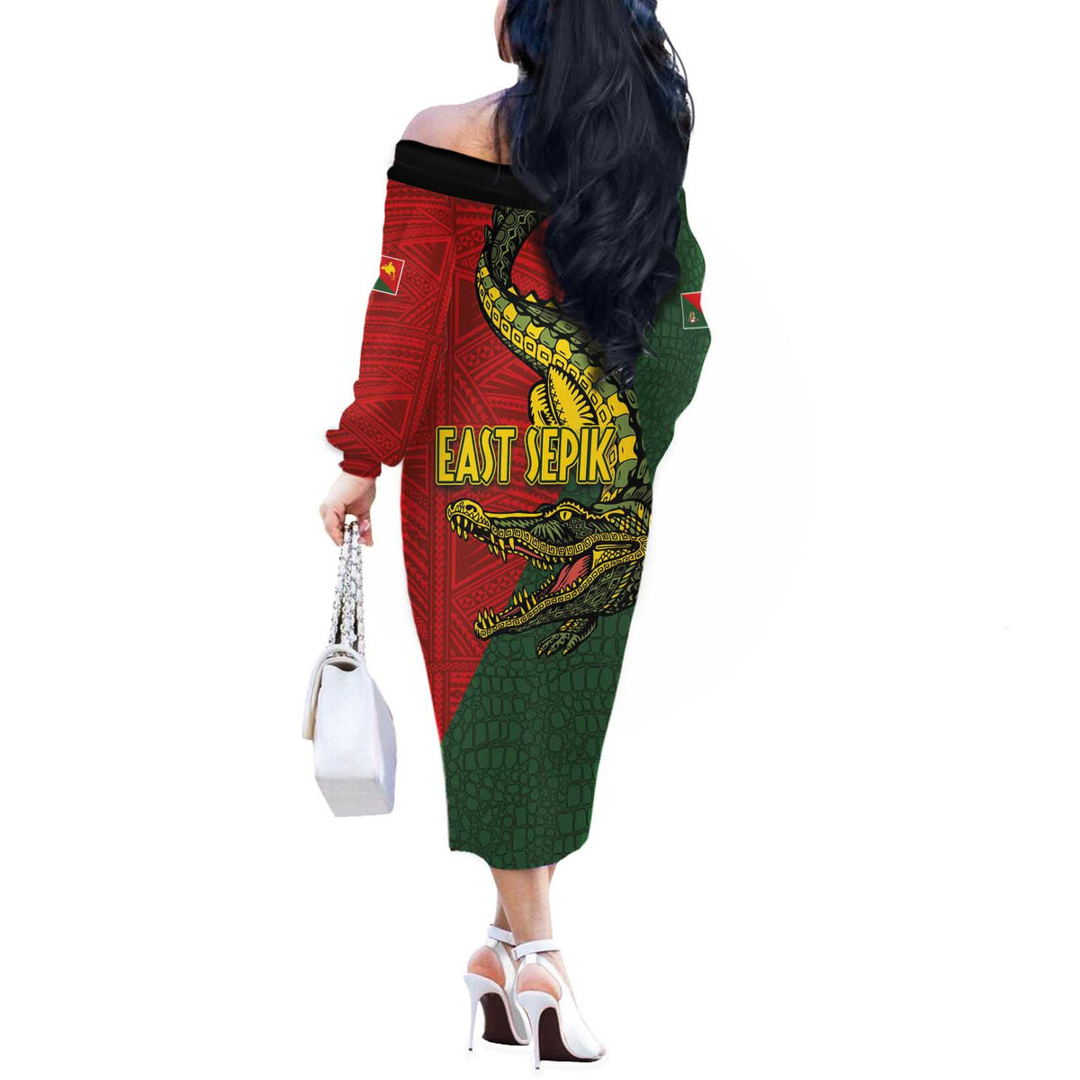 Sepik River Crocodile & Arts Festival Melanesian Pattern Off The Shoulder Long Sleeve Dress
