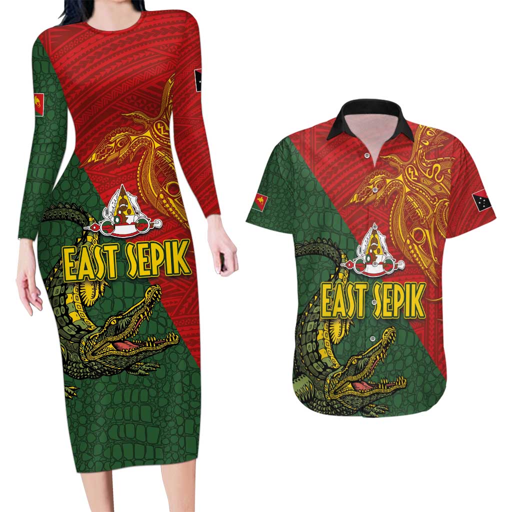 Sepik River Crocodile & Arts Festival Couples Matching Long Sleeve Bodycon Dress and Hawaiian Shirt Bird-of-paradise Melanesian Tattoo