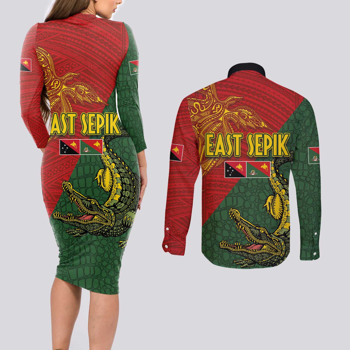 Sepik River Crocodile & Arts Festival Couples Matching Long Sleeve Bodycon Dress and Long Sleeve Button Shirt Bird-of-paradise Melanesian Tattoo
