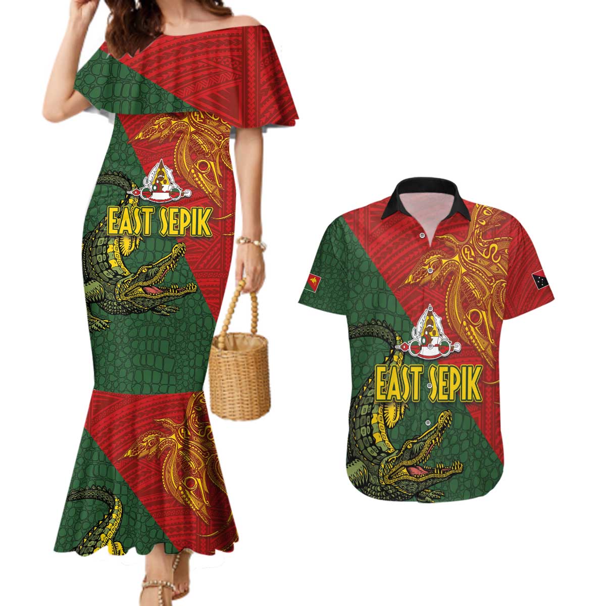 Sepik River Crocodile & Arts Festival Couples Matching Mermaid Dress and Hawaiian Shirt Bird-of-paradise Melanesian Tattoo LT03 Red - Polynesian Pride