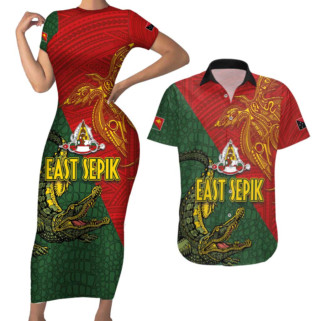 Sepik River Crocodile & Arts Festival Couples Matching Short Sleeve Bodycon Dress and Hawaiian Shirt Bird-of-paradise Melanesian Tattoo LT03 Red - Polynesian Pride