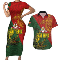 Sepik River Crocodile & Arts Festival Couples Matching Short Sleeve Bodycon Dress and Hawaiian Shirt Bird-of-paradise Melanesian Tattoo LT03 Red - Polynesian Pride