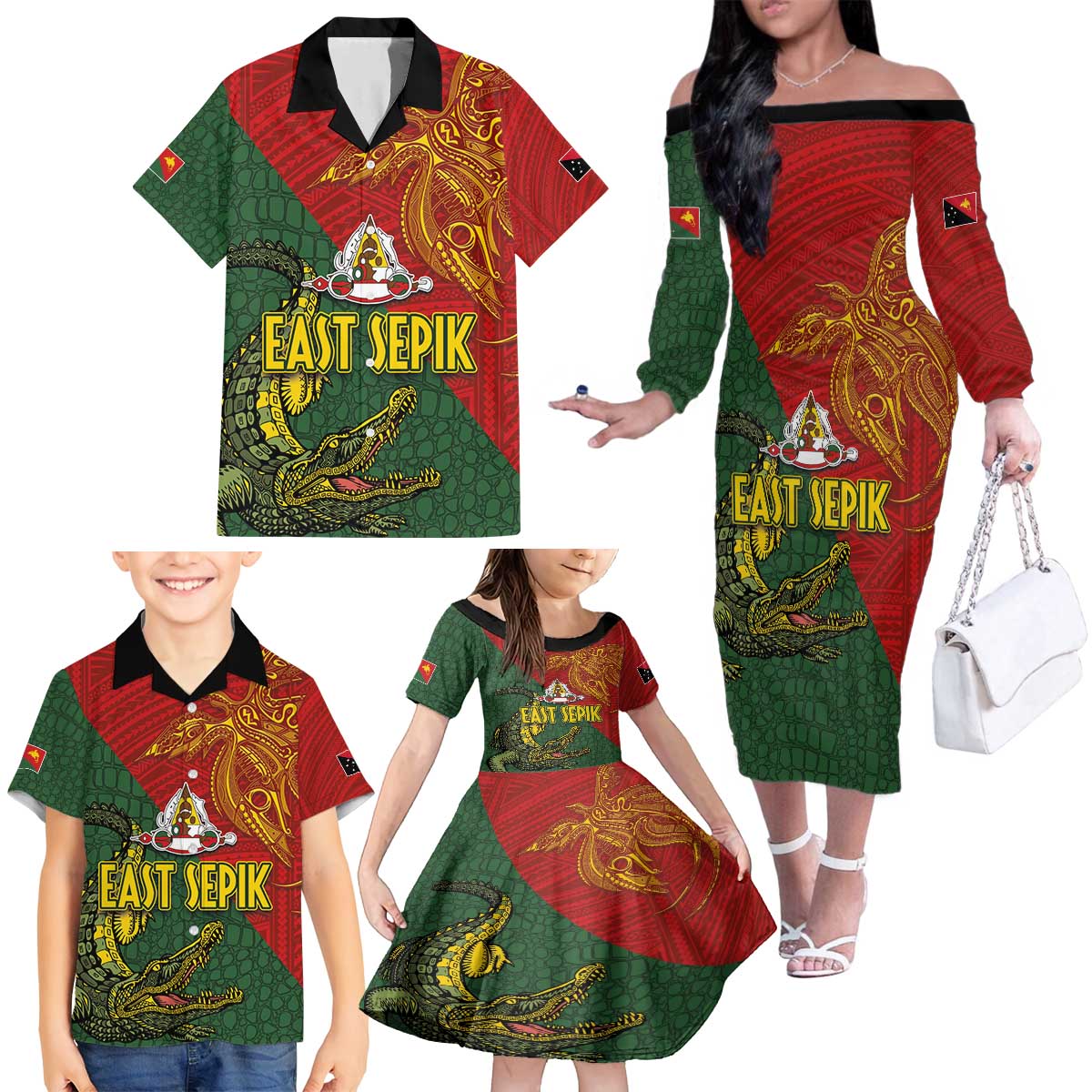 Sepik River Crocodile & Arts Festival Family Matching Off The Shoulder Long Sleeve Dress and Hawaiian Shirt Bird-of-paradise Melanesian Tattoo LT03 - Polynesian Pride