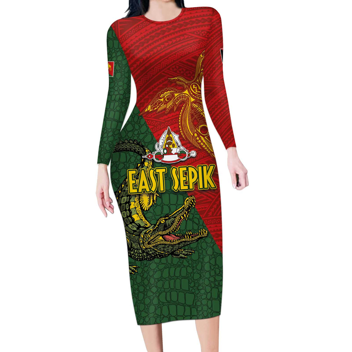 Sepik River Crocodile & Arts Festival Long Sleeve Bodycon Dress Bird-of-paradise Melanesian Tattoo LT03 Long Dress Red - Polynesian Pride