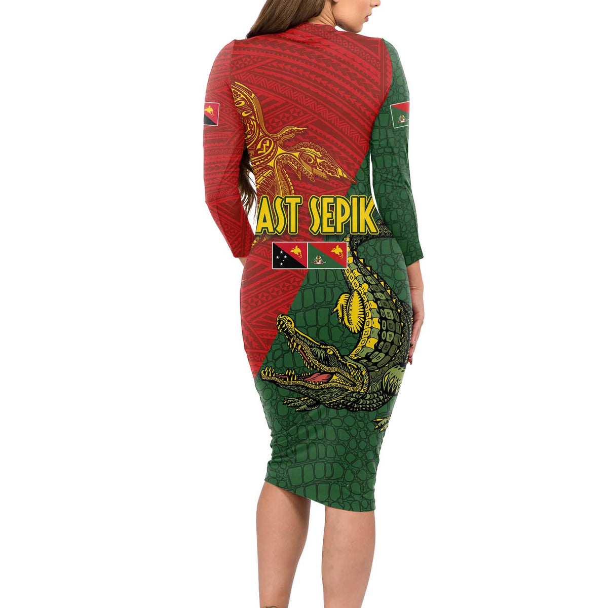 Sepik River Crocodile & Arts Festival Long Sleeve Bodycon Dress Bird-of-paradise Melanesian Tattoo LT03 - Polynesian Pride