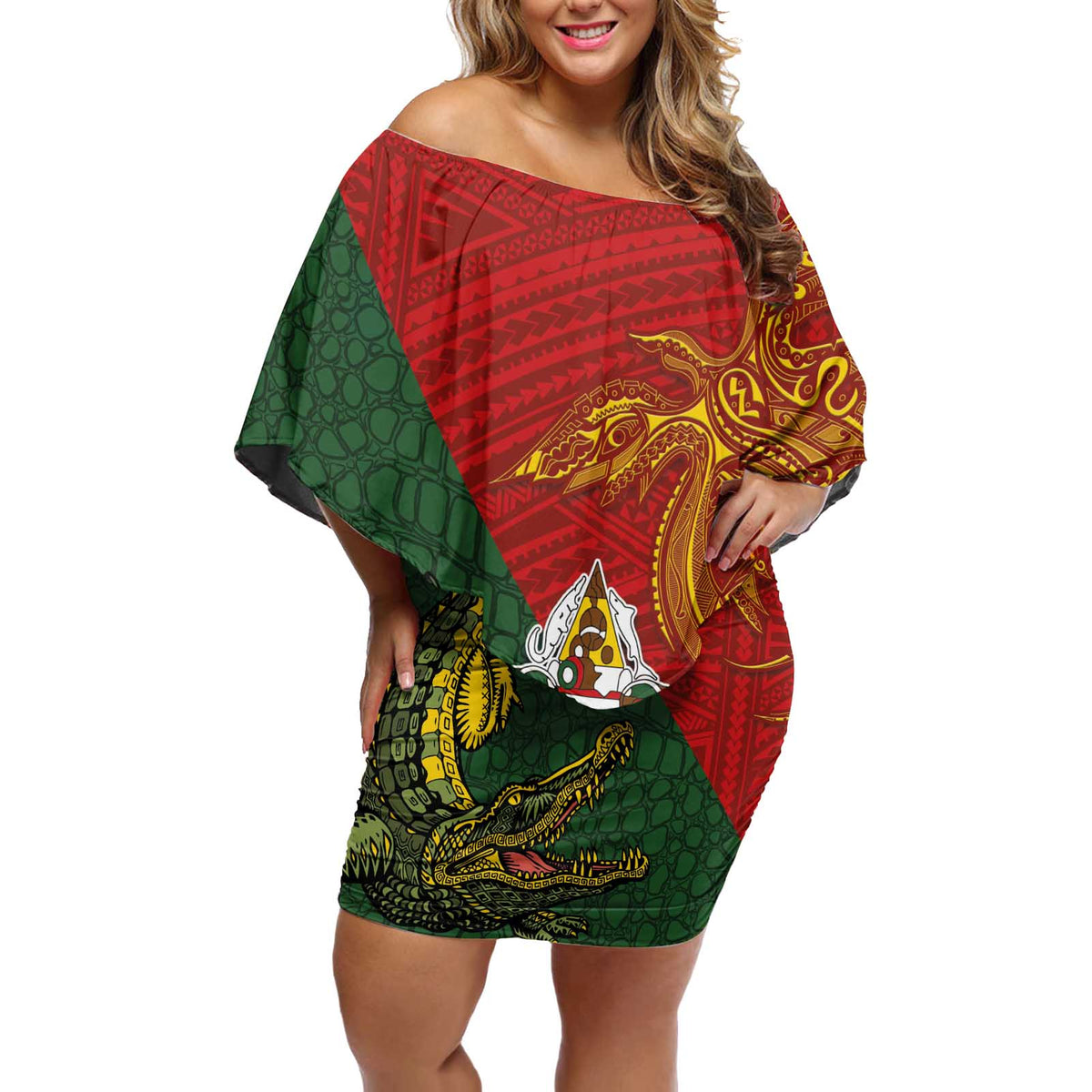 Sepik River Crocodile & Arts Festival Off Shoulder Short Dress Bird-of-paradise Melanesian Tattoo LT03 Women Red - Polynesian Pride