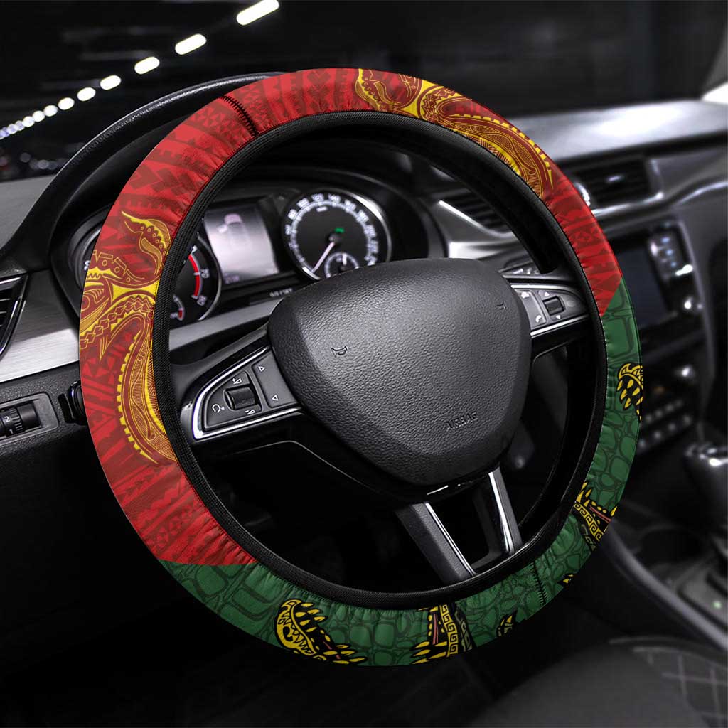 Sepik River Crocodile & Arts Festival Steering Wheel Cover Bird-of-paradise Melanesian Tattoo LT03 Universal Fit Red - Polynesian Pride