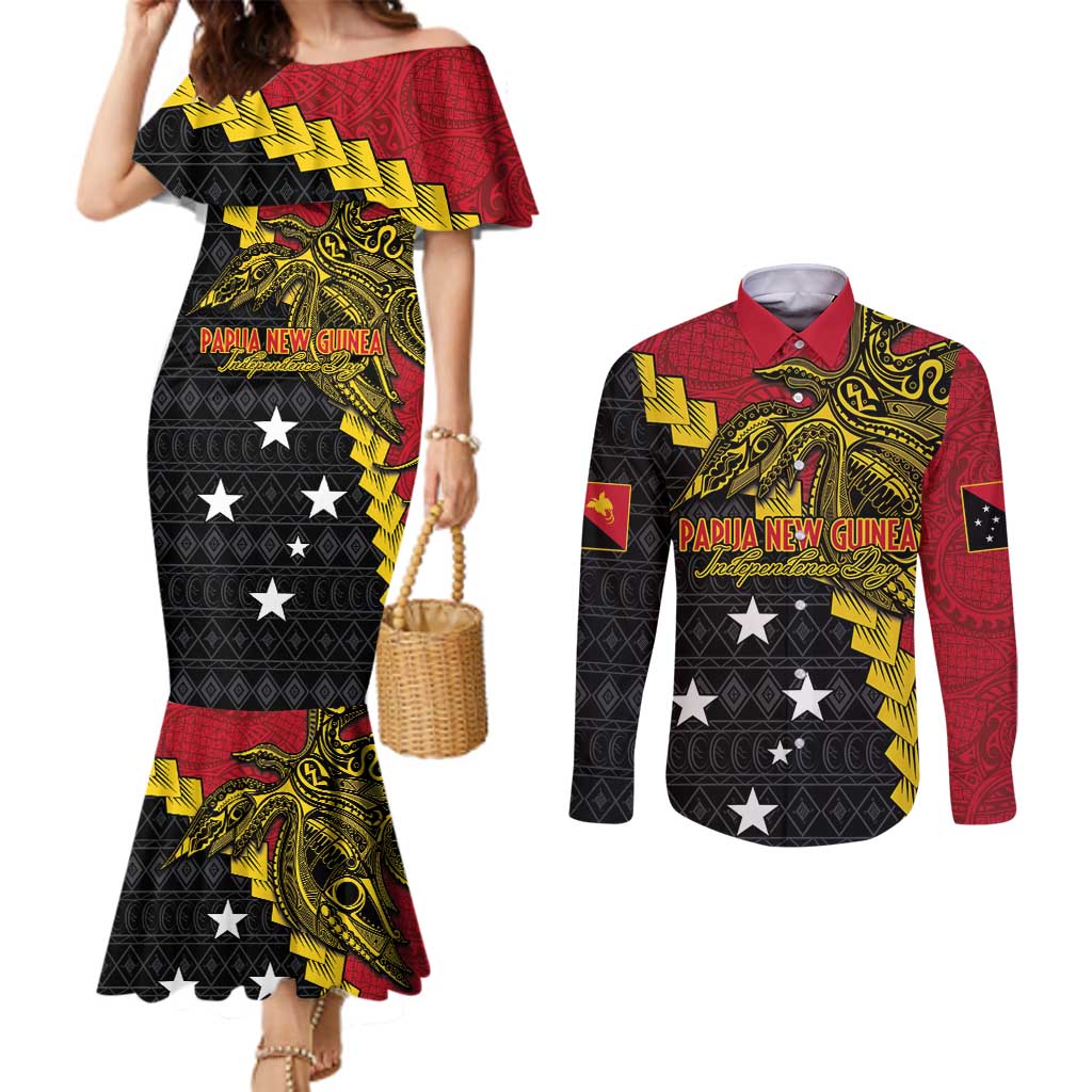Papua New Guinea Independence Day Couples Matching Mermaid Dress and Long Sleeve Button Shirt Bird-of-paradise Melanesian Tattoo LT03 Red - Polynesian Pride