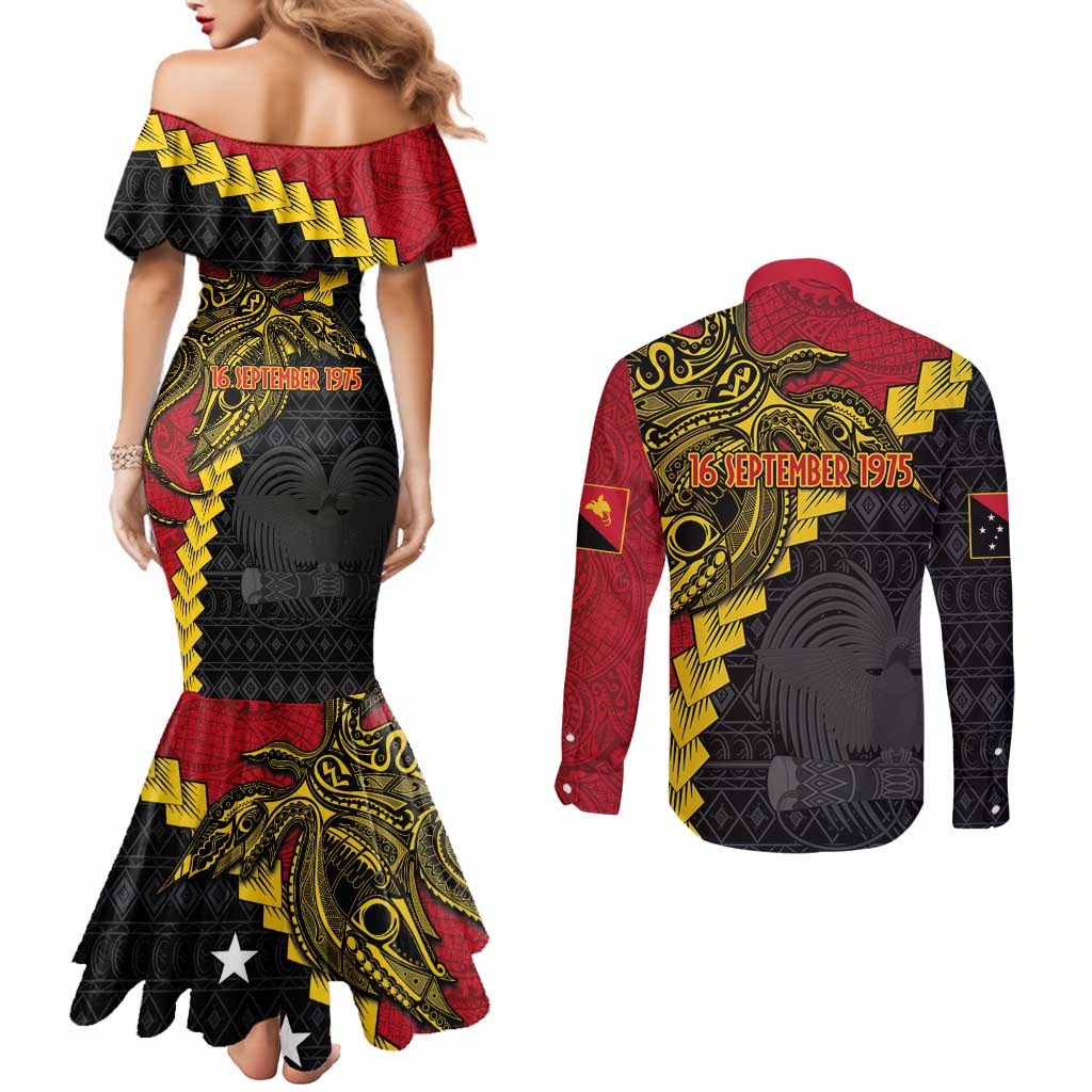 Papua New Guinea Independence Day Couples Matching Mermaid Dress and Long Sleeve Button Shirt Bird-of-paradise Melanesian Tattoo LT03 - Polynesian Pride