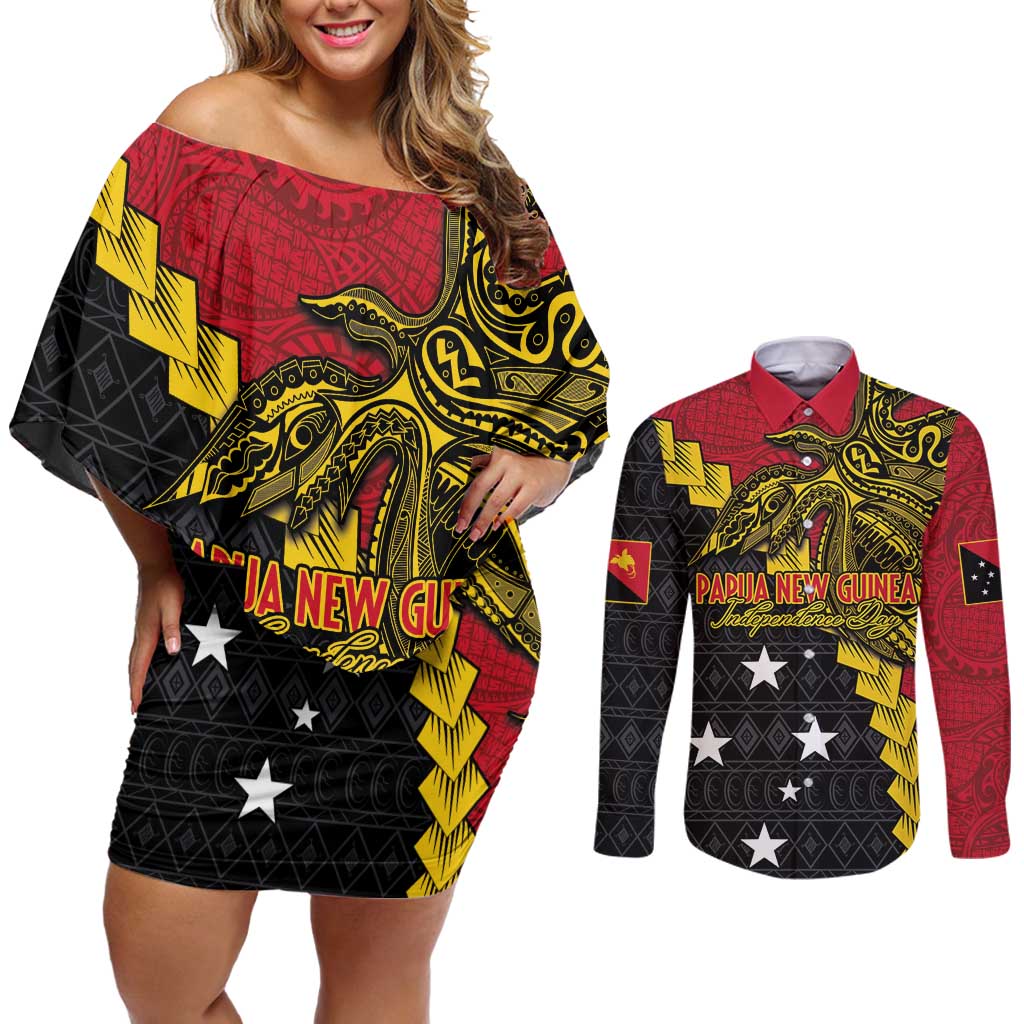 Papua New Guinea Independence Day Couples Matching Off Shoulder Short Dress and Long Sleeve Button Shirt Bird-of-paradise Melanesian Tattoo LT03 Red - Polynesian Pride